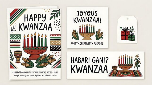 Happy kwanzaa holiday greeting cards with kinara candles and traditional symbols