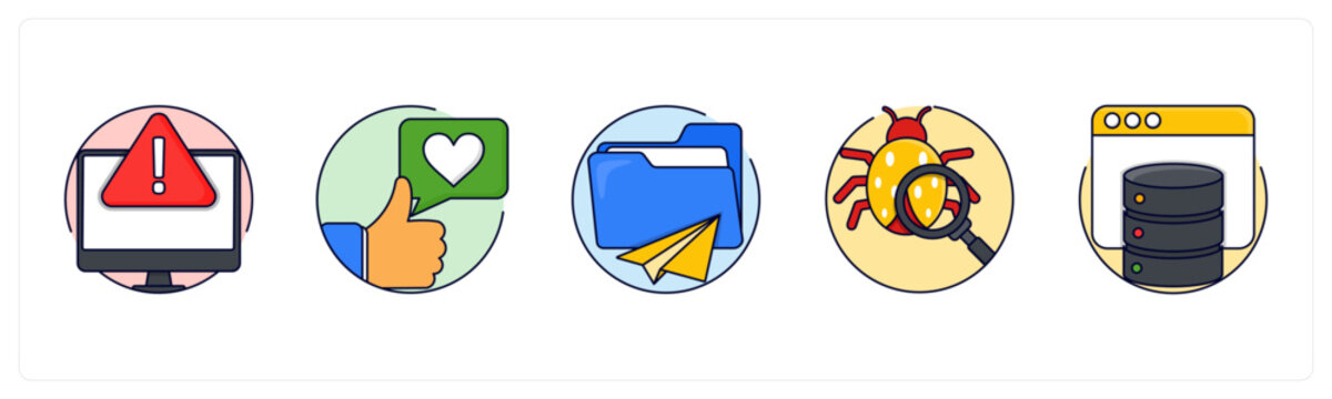 A set of 5 mix icons as troubleshooting, Feedback, File Sharing