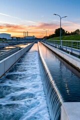 Plakat Water treatment plant processing sewage at sunset