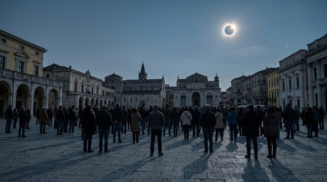 Dozens of people standing still in city square facing away during solar eclipse in dimmed blue grey light generative AI