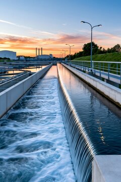 Water treatment plant processing sewage at sunset