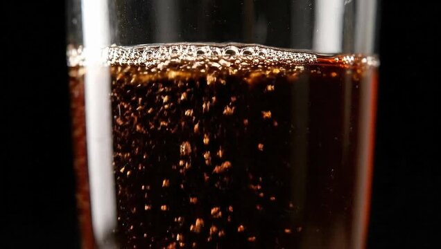Close-up of dark soda beverage with refreshing bubbles rising to the surface in a clear glass