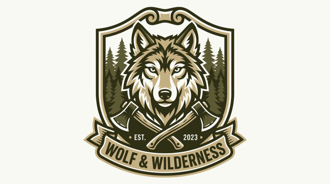 Majestic Wolf Head Emblem with Crossed Axes and Forest Background.