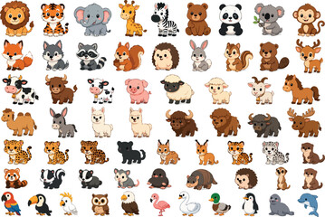 Obraz premium Mega Cute Cartoon Animals Vector Icon Bundle - Big Kawaii Wild, Farm, Safari, and Marine Animals Sticker Pack for Kids