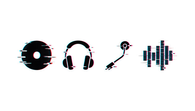 Digital glitch sound icons and audio entertainment tools. Modern music production and streaming. Headset and turntable symbols transmitting sonic waveforms
