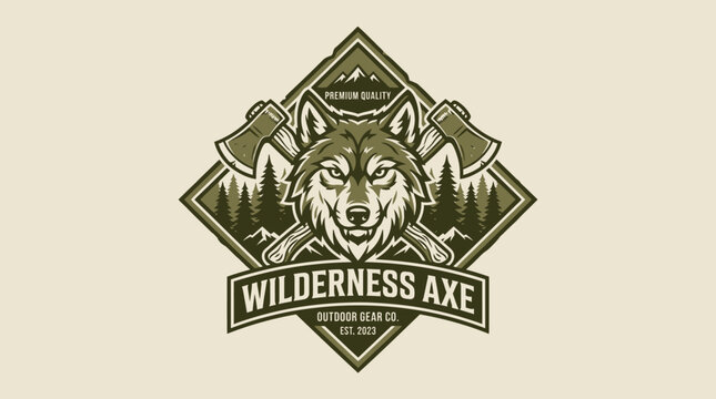 Wilderness Axe Emblem Featuring a Fierce Wolf Head and Crossed Axes.