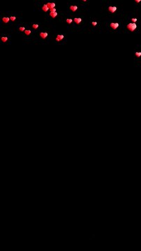 Red heart emoji floating upward on black background, Valentine's Day love animation loop, vertical video, media social
