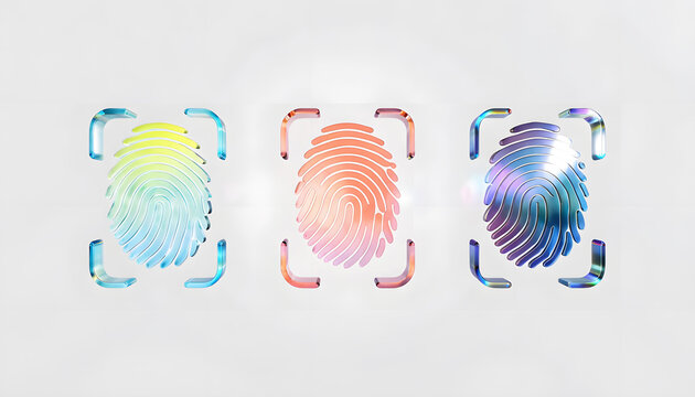 Biometric fingerprint security icons with glass refraction. Digital identity verification and cybersecurity. Holographic touch sensors authenticating user access