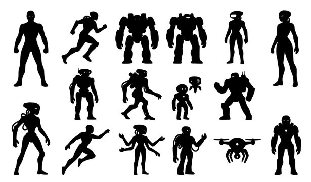 Set of black silhouettes featuring various futuristic robots cyborgs and alien characters isolated on a white background