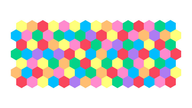 Vibrant rainbow honeycomb grid panel featuring tessellated pastel and neon hexagon tiles