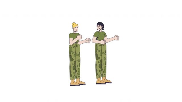 Female soldiers performing high knee exercise 2D characters animation. Military fitness training. Army women recruit cardio workout animated people cartoon 4K video on transparent white background