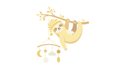 Naklejka premium A cute cartoon sloth wearing a nightcap sleeps while hanging from a tree branch attached to a hanging baby crib mobile.