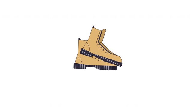 Military combat boots marching 2D cartoon animation. Trekking gear stomping. Outdoor tactical clothing. Protective footwear for hiking and army animated flat colorful element 4K video on transparent
