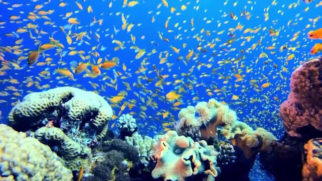 Vibrant tropical coral reef with schooling orange anthias fish