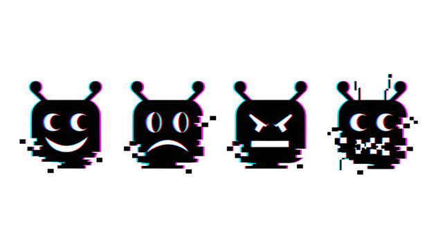 Artificial intelligence robot avatar and facial expression set. Digital mood and user emotion icons. Cute cyber bot characters smiling frowning looking mad and glitching