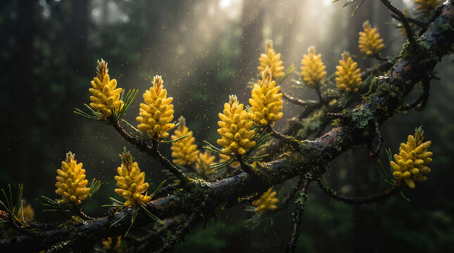 Vibrant yellow pine cones bloom on a mossy branch amidst soft morning sunlight and floating pollen particles within a deep green moody forest natural setting