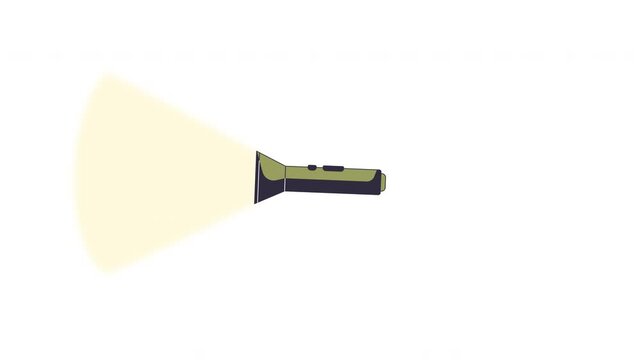 Tactical flashlight casting wide yellow beam 2D cartoon animation. Portable light. Military equipment. Camping gear. Emergency preparedness tool animated flat colorful element 4K video