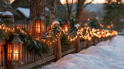 Fototapeta premium Rustic fence decorated with lanterns and lights for holidays