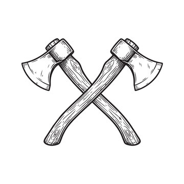 crossed wooden hatchets lumberjack axes isolated object monochrome line art vintage engraving graphic style