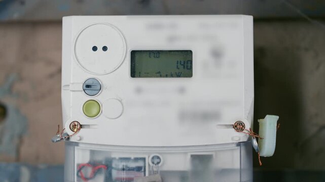 Close-Up Static Shot: Modern Electric Meter Display Showing Changing Digital Readings | Smart Energy Meter with kWh Consumption Data in Electrical Panel | Electricity Usage and Utility Monitoring Conc