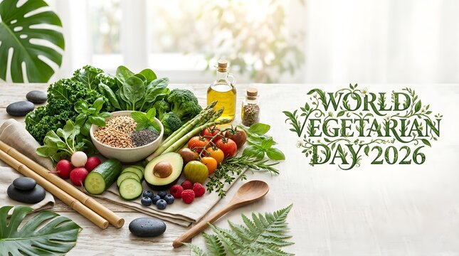 World Vegetarian Day 2026 Flat Lay Tabletop Banner Featuring Fresh Greens And Avocados