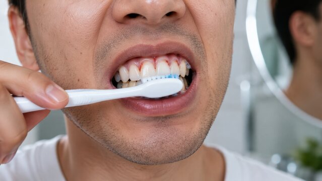Close up view of man brushing teeth with bleeding inflamed gums caused by gingivitis periodontal disease.