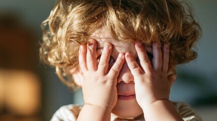 Fototapeta premium Close-up of young child with curly hair covering face with hands in playful or shy gesture indoors with warm natural light on skin and hair