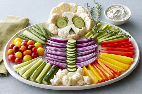 A creative vegetable tray arranges sliced cauliflower and cucumbers into decorative edible shapes.