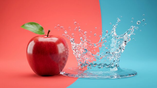 Shiny red apple sits beside a dynamic splash of clear water against a bright split background featuring vibrant contrasting orange and light blue color tones.