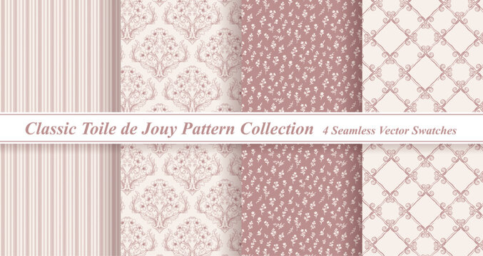 Pink Toile de Jouy Pattern Set - Vintage Botanical & Cottagecore Backgrounds
