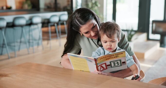 Book, reading and mother with kid in home for relax, education or family connection on weekend. Happy, love and mom with boy toddler for story time together, learning letters or language development