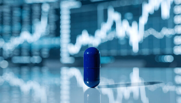 Single medical capsule on stock exchange trading background. Pharmaceutical market index and drug investment. Blue pill standing on reflective desk in front of financial chart
