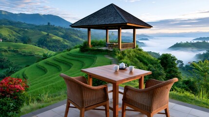 Fototapeta premium Morning tea overlooking rice terraces and misty valley