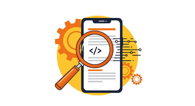 Technology and software development concept illustrated on mobile device with code and gears.
