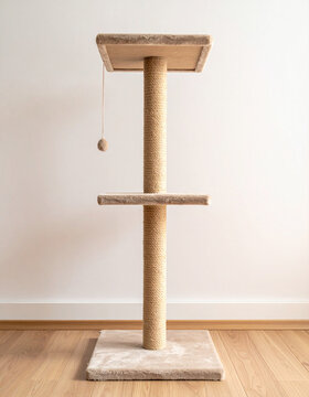 Tall cat tree standing against plain wall filling frame vertically with soft indent on top platform in soft daylight generative AI