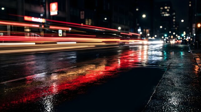 Motion blur car light trails on wet city street at night in urban center
