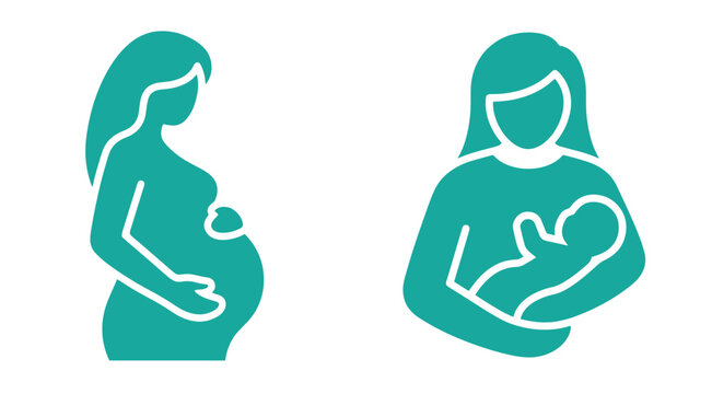 Pregnancy and motherhood icons showing pregnant woman and mother holding baby with pregnancy icon baby care teal graphic expecting mother maternal