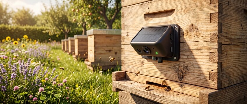 Smart solar powered monitoring camera device is mounted on wooden beehive structure to track bee activity in blossom flower field orchard