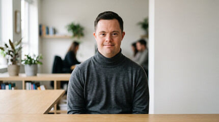 Fototapeta premium Professional man with Down syndrome at oak office desk in soft merino roll neck looking calmly at camera generative AI