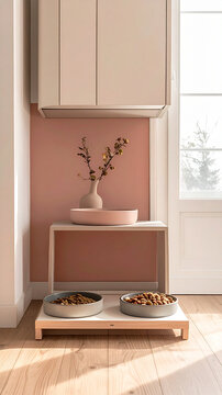 Raised pet feeder with two bowls in lower frame and plain kitchen cabinet rising above in soft daylight and quiet mood generative AI