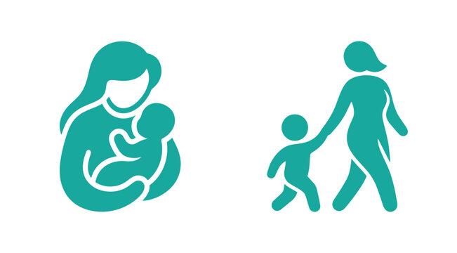 Mother holding baby and mother walking with child green silhouette icons vector set walking together baby care parent and kid infant icon