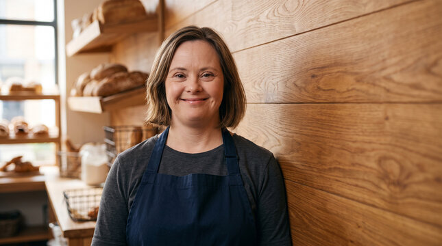 Woman in forties with Down syndrome in bakery apron over plain shirt standing in front of warm timber wall in soft morning light generative AI
