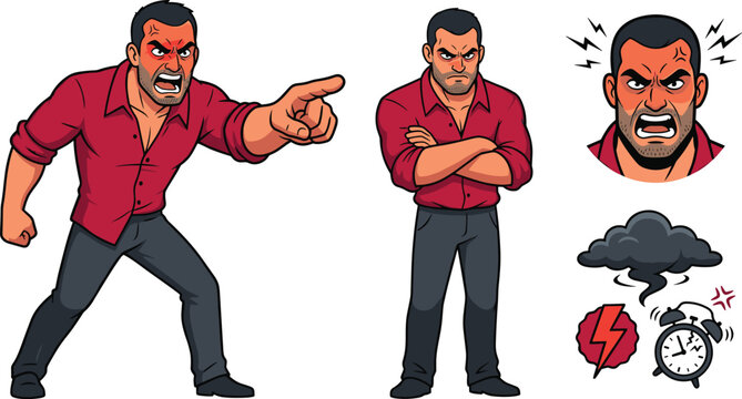 Angry Man Character Vector Set with Furious Boss Pointing Finger Screaming Poses Face Avatar Storm Cloud and Alarm Clock Stress Icons