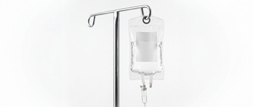 Clear intravenous drip bag with saline solution hanging on a metal medical stand in a sterile environment