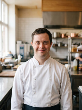 Man in thirties with Down syndrome in chef whites jacket in bright professional kitchen with warm competent expression generative AI