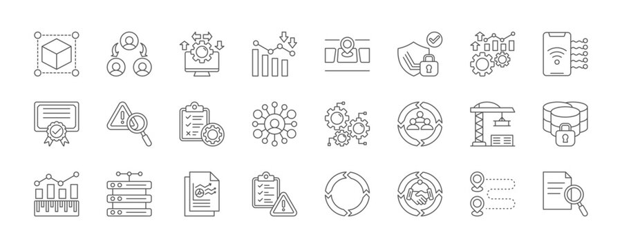 enterprise security icon set collection in line style. icon set consist of blockchain, referral, system, burndown, land plot, cyber security, performance, phone control. editable stroke.