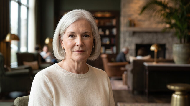 Older woman in early seventies with silver bob and pearl earrings in soft ivory knit in calm hotel lobby with serene composed expression generative AI