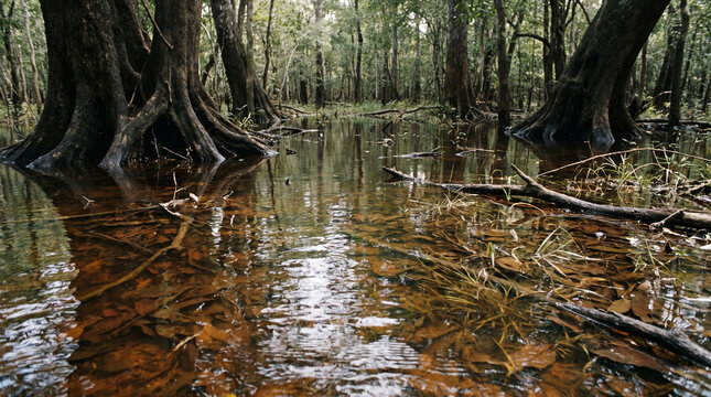 Flooded tropical wetland forest with still reflective water