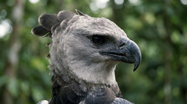 Close-up portrait of a harpy eagle in a tropical forest