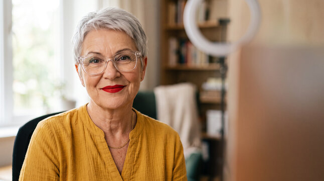 Woman in mid sixties with silver pixie cut red lipstick and oversized glasses in mustard yellow blouse seated in home studio with confident smile generative AI